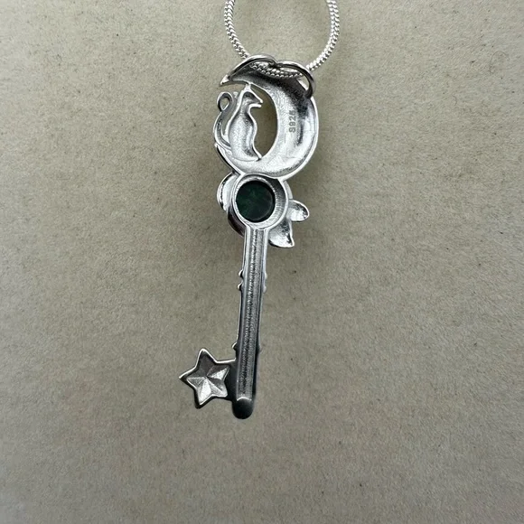 Silver 925 Cat and Moon Key Shape Pendant Necklace on Stainless Steel Chain - Picture 5 of 16